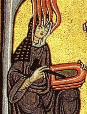 Middeleeuwse miniatuur van een gesluierde vrouw met rood muziekinstrument